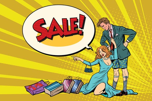 Devastated husband without pants and wife wants to sale. Pop art retro vector illustration