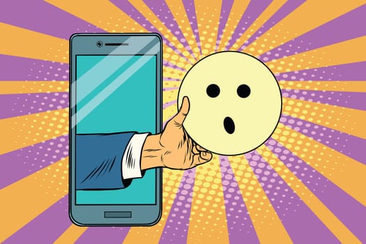 surprise emoji emoticons in smartphone. Pop art retro vector illustration