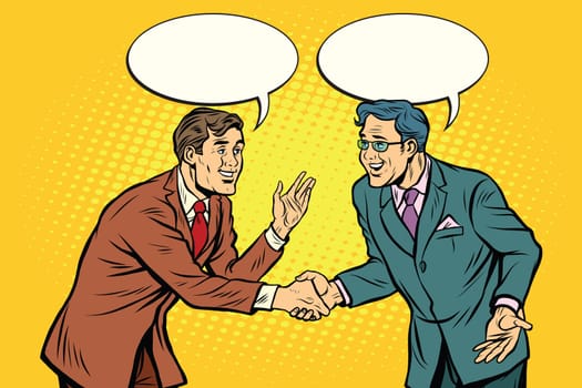 Business negotiations businesspeople shaking hands. Pop art retro vector illustration