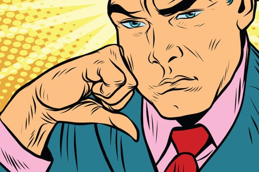Close-up face of a man thinker. Pop art retro vector illustration