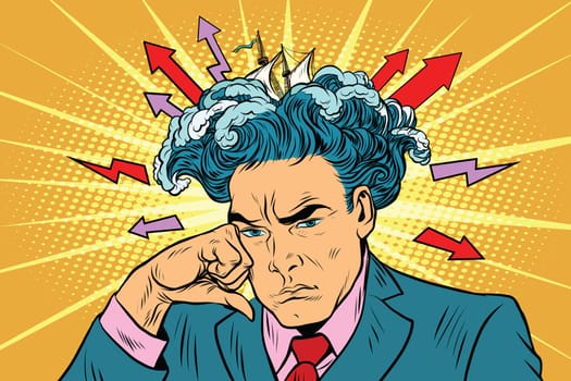 Brainstorm man thinks. Pop art retro vector illustration