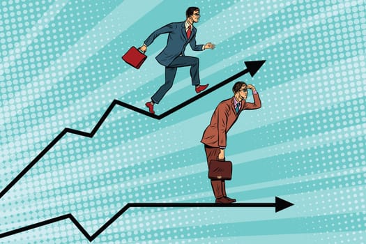 Businessmen running chart growth and look forward. Pop art retro vector illustration. Financial results