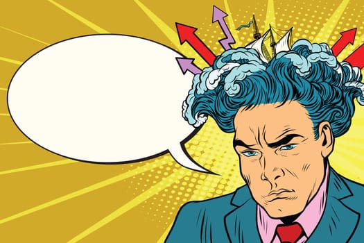 Brainstorm man thinks. Pop art retro vector illustration, comic bubble