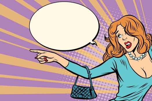 Sexy woman shows to the side. Pop art retro vector illustration
