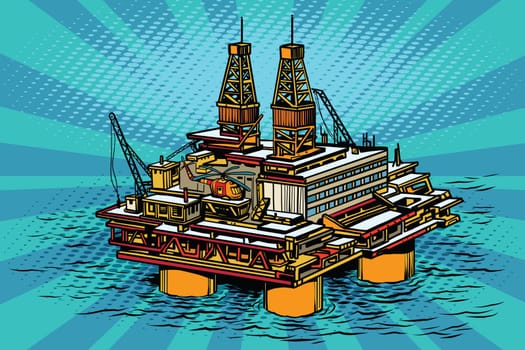 Oil and gas producing offshore platform. Pop art retro vector illustration