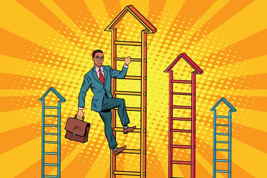Businessman climbs up the stairs. Pop art retro vector illustration. African American people