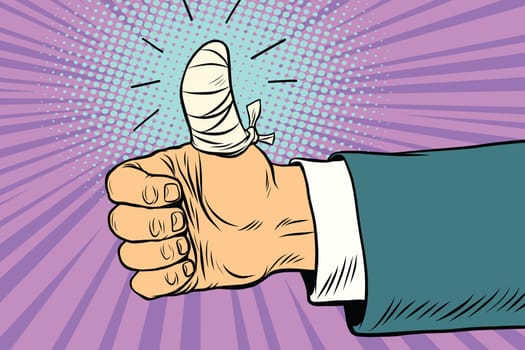 Bandaged finger up, like approval gesture. Pop art retro vector illustration