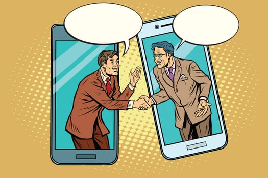 Online the talks of the two businessmen. Pop art retro vector illustration