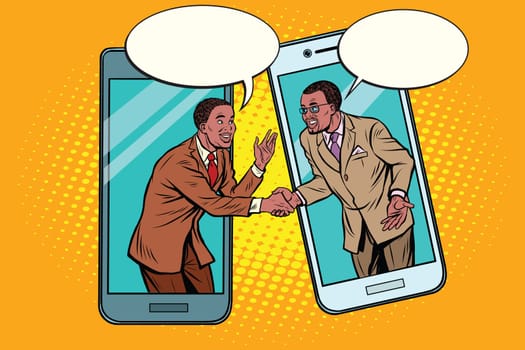Online the talks of the two businessmen. Pop art retro vector illustration. African American people
