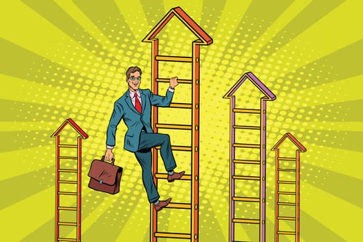 Businessman climbs up the stairs. Pop art retro vector illustration