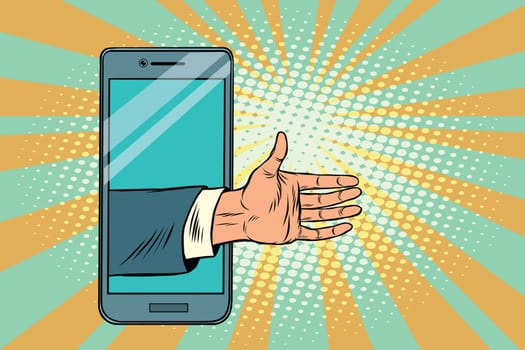 Greeting handshake open palm in the smartphone. Pop art retro vector illustration