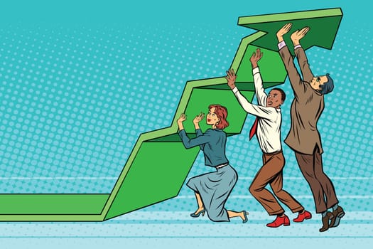 Business team lift up growth chart. Pop art retro vector illustration. The joint work. Success rate. Multi ethnic group of people