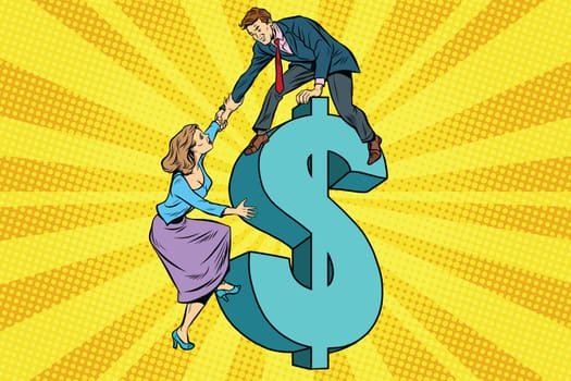 Business team scrambles on the dollar. Pop art retro vector illustration. Family finances
