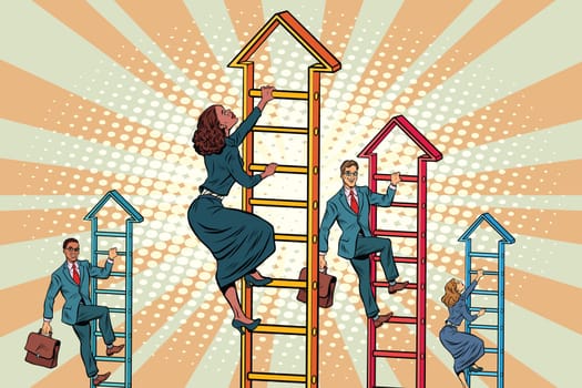 Business team climbs up the stairs. Pop art retro vector illustration