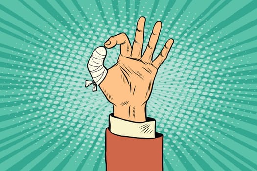 OK gesture bandaged finger. Pop art retro vector illustration