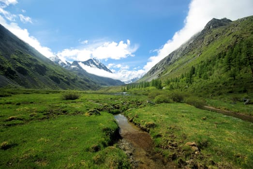 Mountain landscape. Highlands, the mountain peaks, gorges and valleys. The stones on the slopes.