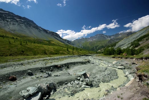 Mountain landscape. Highlands, the mountain peaks, gorges and valleys. The stones on the slopes.
