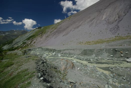 Mountain landscape. Highlands, the mountain peaks, gorges and valleys. The stones on the slopes.