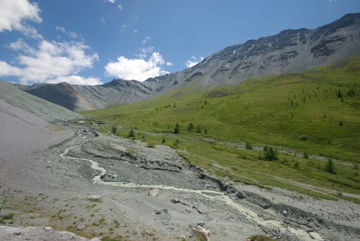 Mountain landscape. Highlands, the mountain peaks, gorges and valleys. The stones on the slopes.