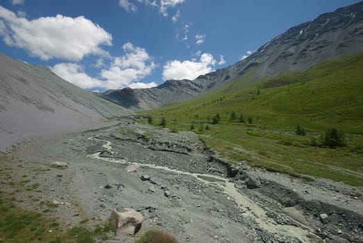 Mountain landscape. Highlands, the mountain peaks, gorges and valleys. The stones on the slopes.