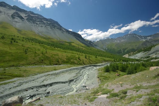 Mountain landscape. Highlands, the mountain peaks, gorges and valleys. The stones on the slopes.