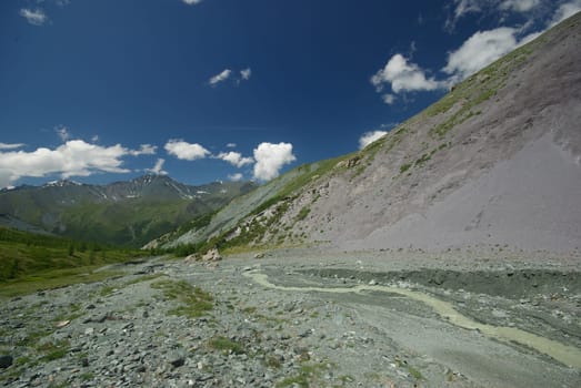 Mountain landscape. Highlands, the mountain peaks, gorges and valleys. The stones on the slopes.