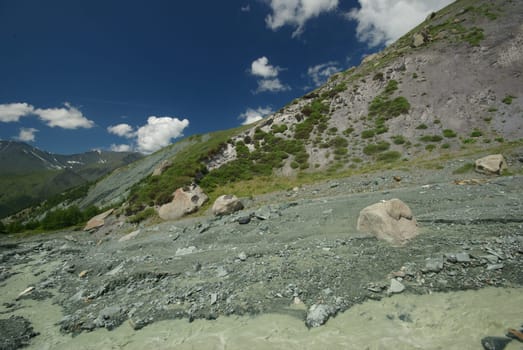 Mountain landscape. Highlands, the mountain peaks, gorges and valleys. The stones on the slopes.