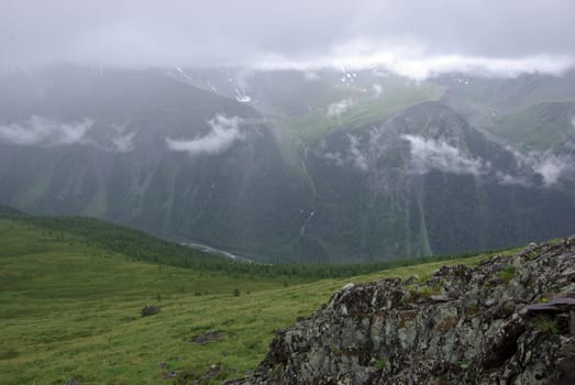 Mountain landscape. Highlands, the mountain peaks, gorges and valleys. The stones on the slopes.
