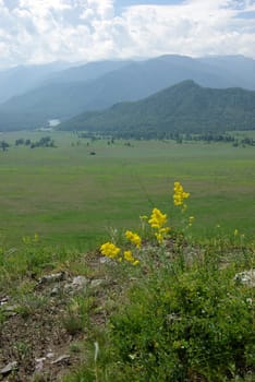 Mountain landscape. Highlands, the mountain peaks, gorges and valleys. The stones on the slopes.