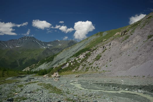 Mountain landscape. Highlands, the mountain peaks, gorges and valleys. The stones on the slopes.