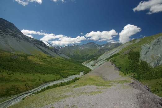 Mountain landscape. Highlands, the mountain peaks, gorges and valleys. The stones on the slopes.