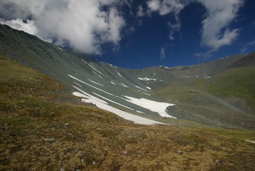 Mountain landscape. Highlands, the mountain peaks, gorges and valleys. The stones on the slopes.