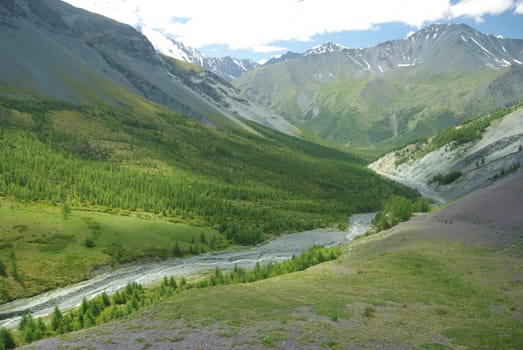Mountain landscape. Highlands, the mountain peaks, gorges and valleys. The stones on the slopes.