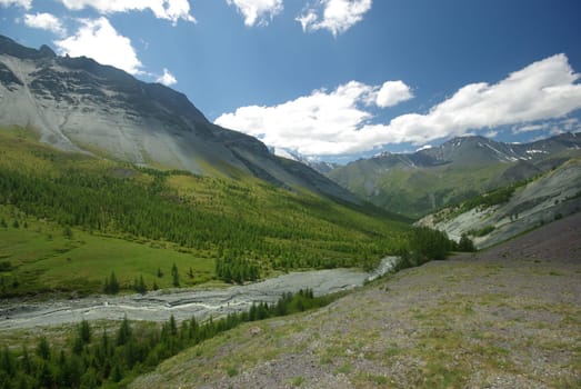 Mountain landscape. Highlands, the mountain peaks, gorges and valleys. The stones on the slopes.