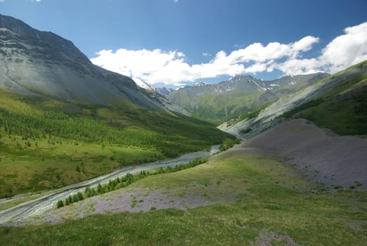 Mountain landscape. Highlands, the mountain peaks, gorges and valleys. The stones on the slopes.