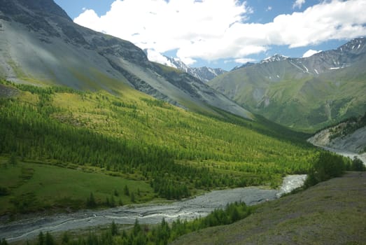 Mountain landscape. Highlands, the mountain peaks, gorges and valleys. The stones on the slopes.
