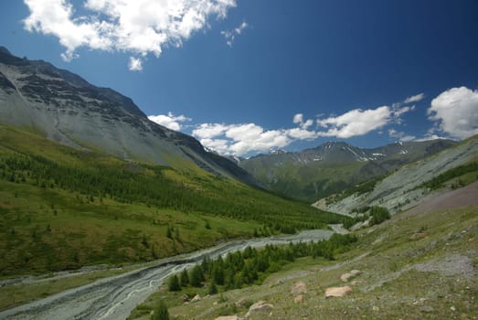 Mountain landscape. Highlands, the mountain peaks, gorges and valleys. The stones on the slopes.