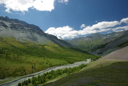 Mountain landscape. Highlands, the mountain peaks, gorges and valleys. The stones on the slopes.