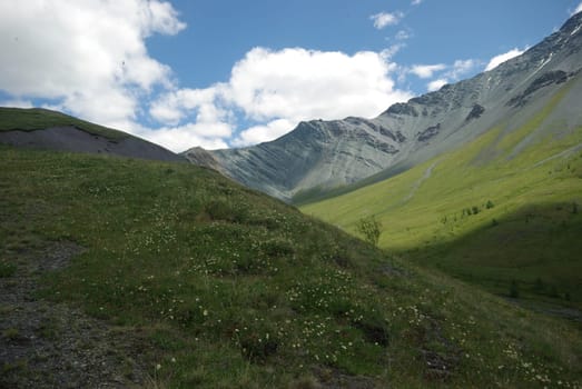 Mountain landscape. Highlands, the mountain peaks, gorges and valleys. The stones on the slopes.