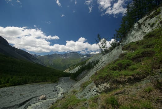 Mountain landscape. Highlands, the mountain peaks, gorges and valleys. The stones on the slopes.