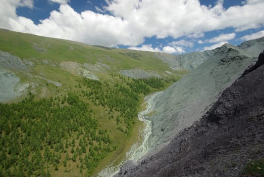 Mountain landscape. Highlands, the mountain peaks, gorges and valleys. The stones on the slopes.