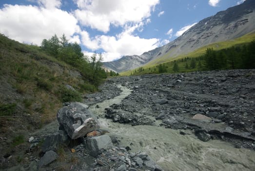 Mountain landscape. Highlands, the mountain peaks, gorges and valleys. The stones on the slopes.