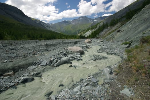 Mountain landscape. Highlands, the mountain peaks, gorges and valleys. The stones on the slopes.