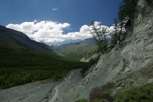 Mountain landscape. Highlands, the mountain peaks, gorges and valleys. The stones on the slopes.