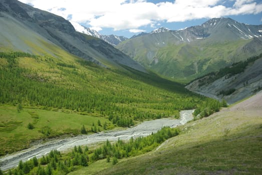 Mountain landscape. Highlands, the mountain peaks, gorges and valleys. The stones on the slopes.