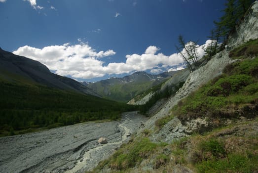 Mountain landscape. Highlands, the mountain peaks, gorges and valleys. The stones on the slopes.