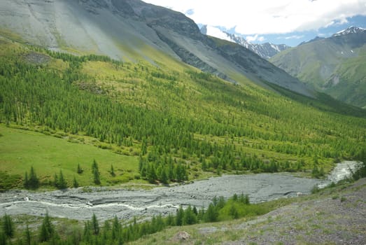 Mountain landscape. Highlands, the mountain peaks, gorges and valleys. The stones on the slopes.