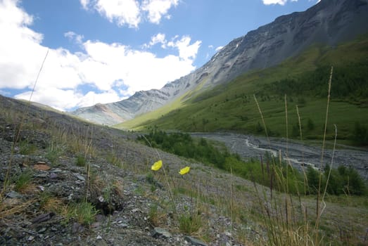 Mountain landscape. Highlands, the mountain peaks, gorges and valleys. The stones on the slopes.