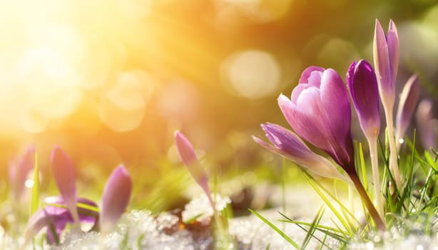 Purple crocus flowers in snow,awakening in spring to the warm gold rays of sunlight