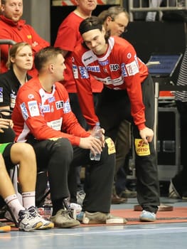 Goalkeeper Dario Quenstedt and Jannick Green (both SC Magdeburg) in the EHF Cup match SC Magdeburg-Tatabanya KC on 19.2.17 in Magdeburg